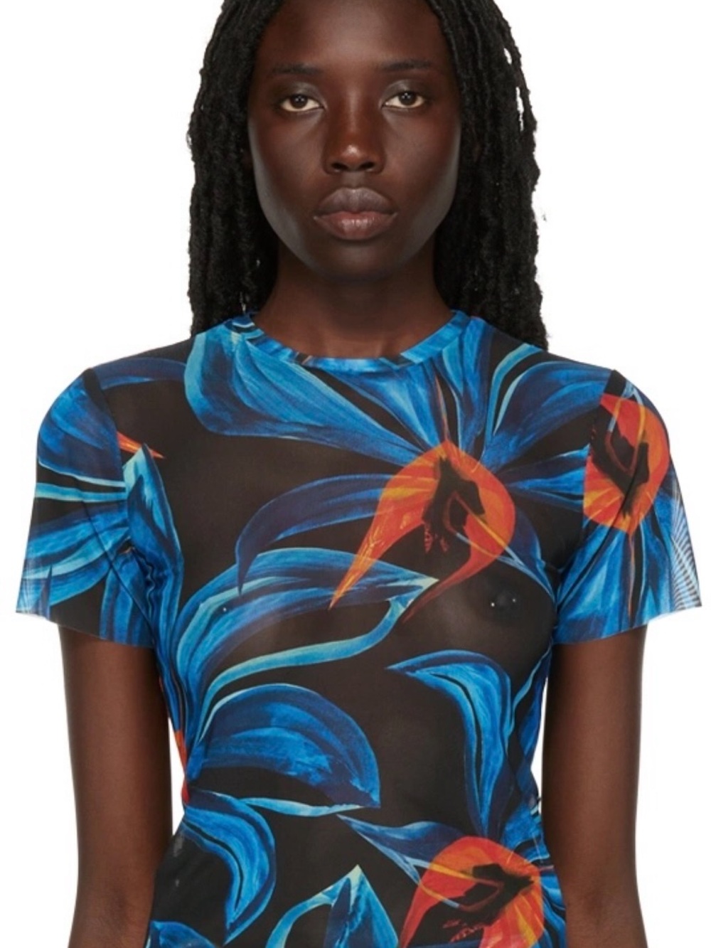 Louisa Ballou Blue & Orange Floral Sheer Mesh Tee
